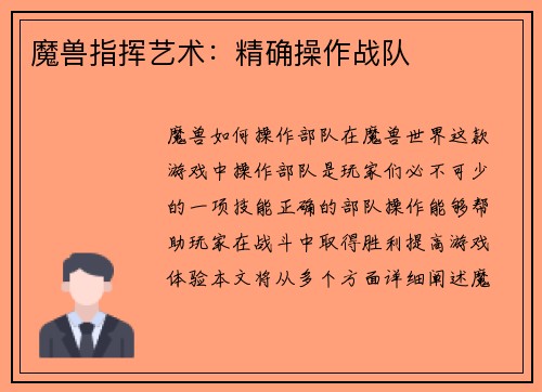 魔兽指挥艺术：精确操作战队